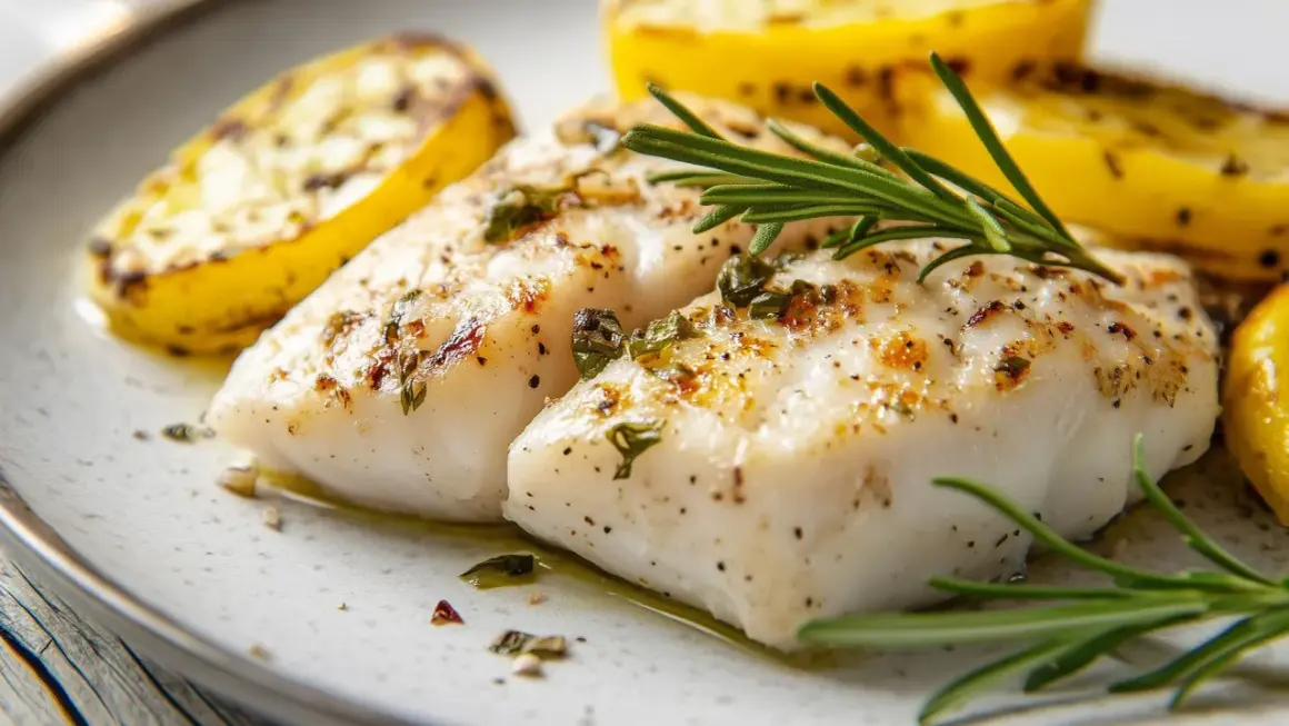 Dos filetes de merluza al horno con patatas asadas y romero. Un plato delicioso y saludable.