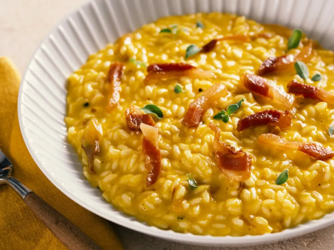 Cremoso risotto de queso, con trozos de panceta crujiente y hojas verdes.
