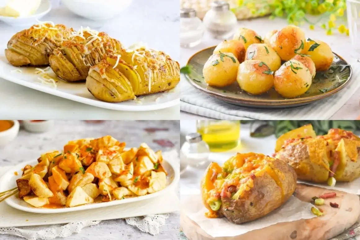 Variedad de recetas con patatas: Hasselback gratinadas, patatas asadas enteras, patatas bravas y patatas rellenas. ¡Deliciosas ideas!