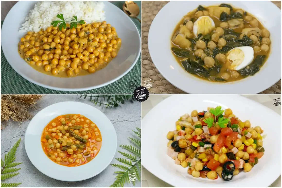 Cuatro platos deliciosos: garbanzos con curry y arroz, potaje de garbanzos con espinacas y huevo, guiso de garbanzos con verduras y ensalada de garbanzos. ¡Ideas para recetas con garbanzos de bote!