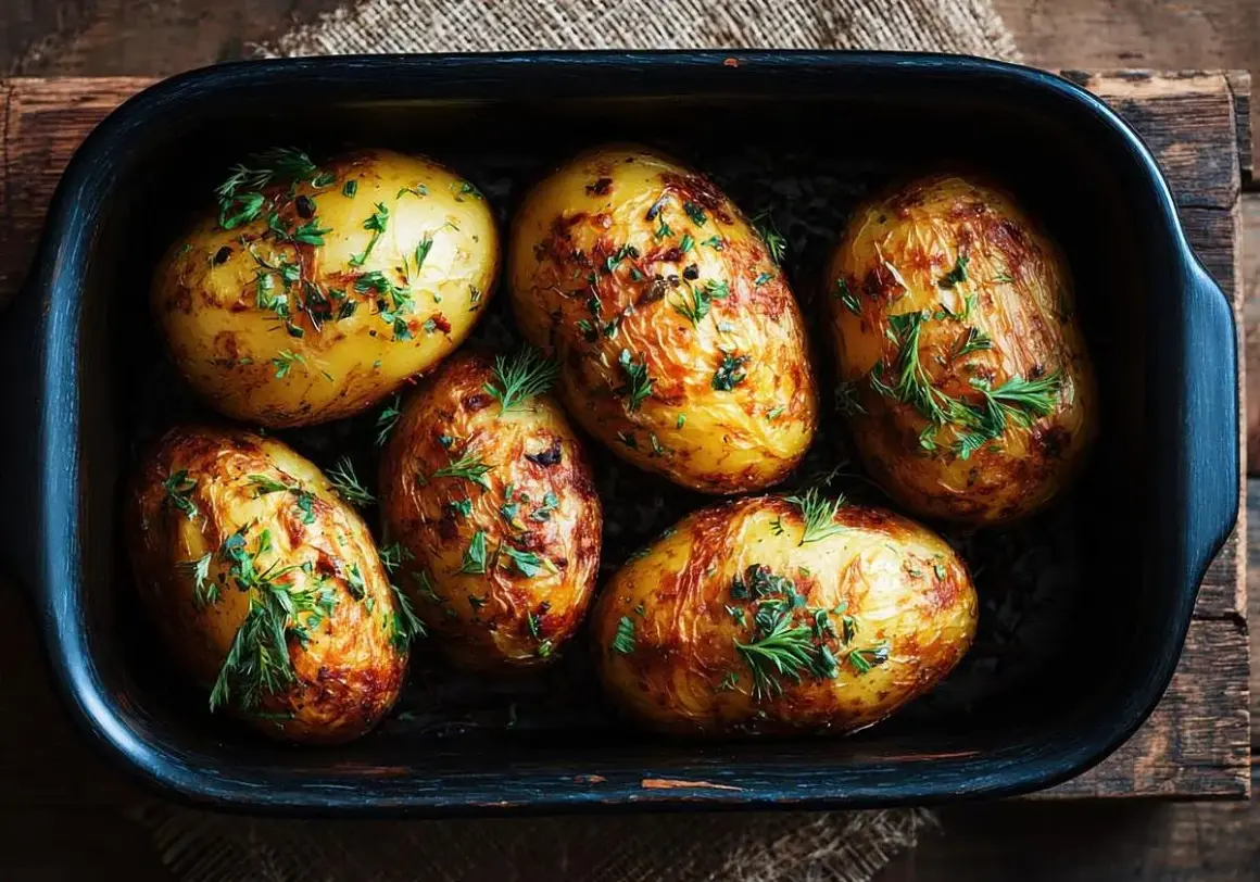Patatas al horno doradas y crujientes, espolvoreadas con hierbas frescas, listas para disfrutar.