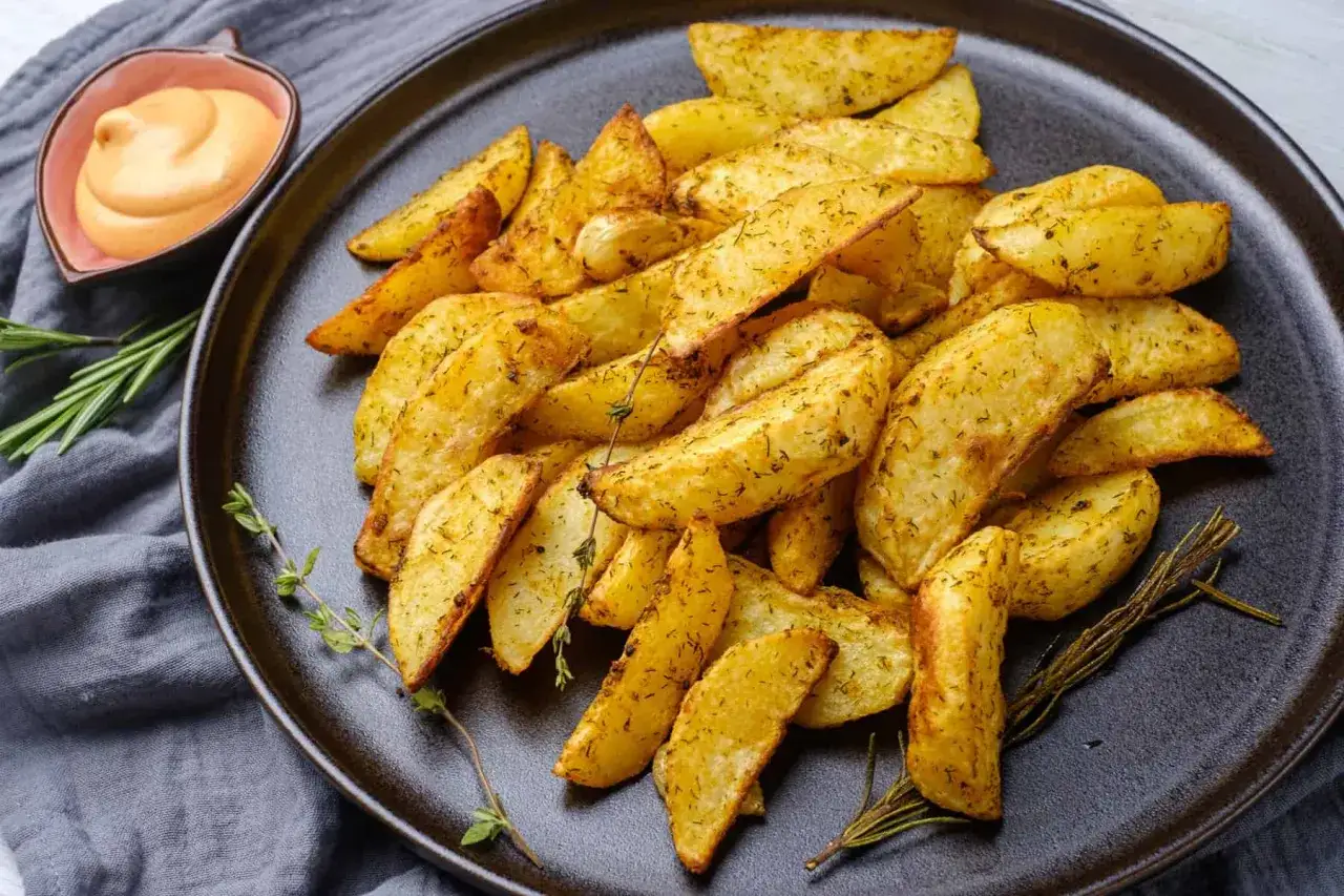 Patatas al horno crujientes y doradas, sazonadas con hierbas, servidas en un plato oscuro con una salsa cremosa y ramitas de romero.