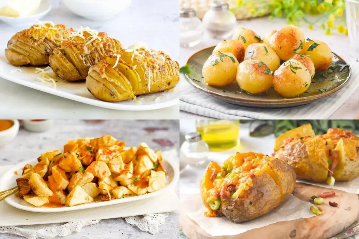Variedad de recetas con patatas: Hasselback gratinadas, patatas asadas enteras, patatas bravas y patatas rellenas. ¡Deliciosas opciones!