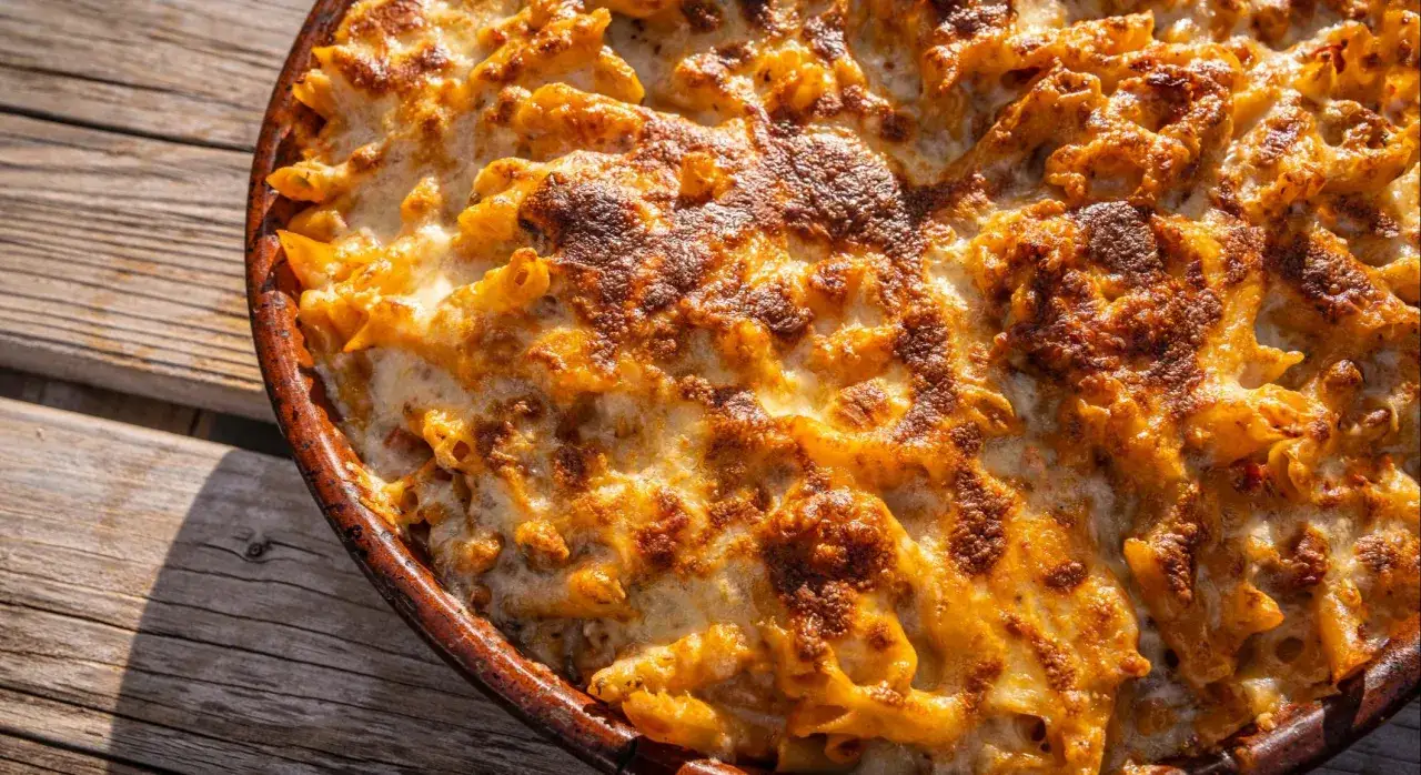 Macarrones del cardenal gratinados, dorados y burbujeantes en una cazuela de barro sobre una mesa de madera.