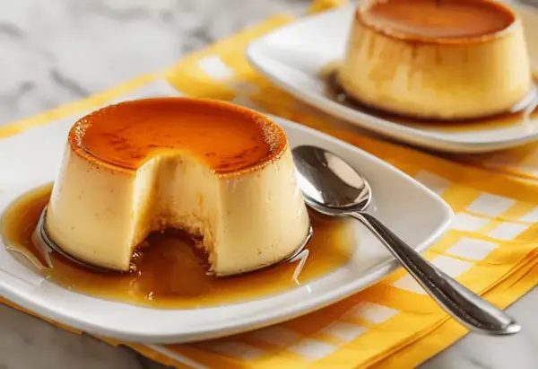 Delicioso flan de huevo casero, receta de la abuela, con caramelo líquido y una porción retirada.