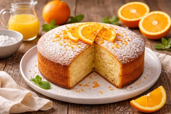 Tarta de naranja esponjosa, espolvoreada con azúcar glas y decorada con rodajas de naranja. Acompañada de zumo de naranja fresco.