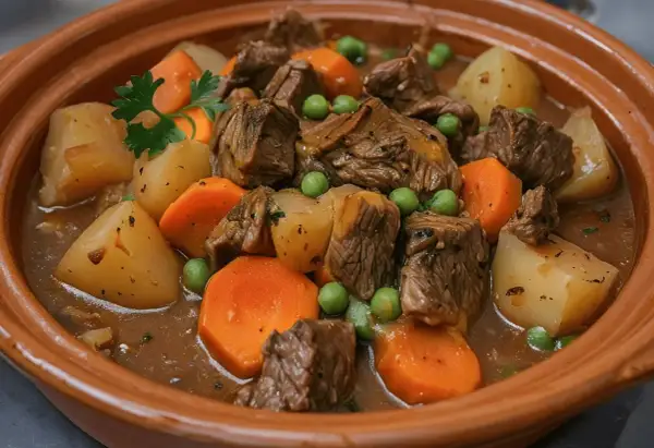 Un delicioso estofado de carne en salsa, con patatas, zanahorias y guisantes, como el que sirven en los bares.