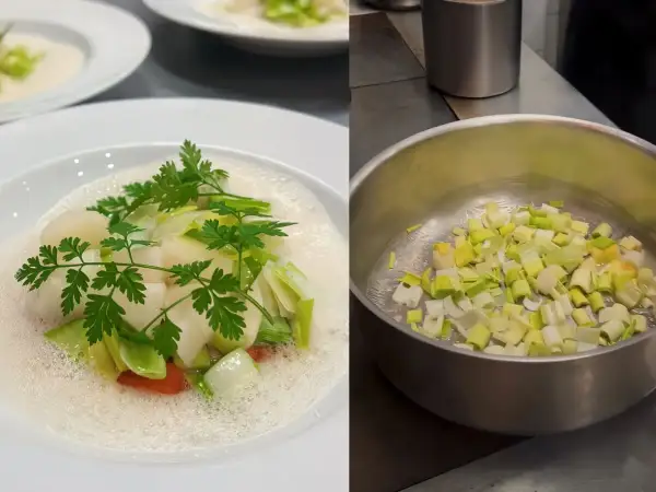Deliciosos puerros picados en una olla, listos para ser parte de fantásticas recetas con puerros. Plato terminado con vieiras y puerros.