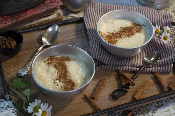 Dos cuencos de cremoso arroz con leche, espolvoreado con canela, listo para disfrutar. Un postre perfecto hecho con Thermomix.