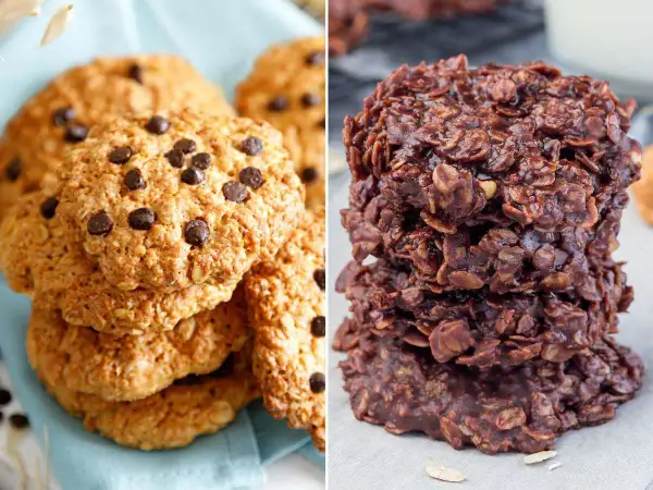 Dos tipos de galletas de avena y chocolate: unas clásicas con chispas y otras tipo "no-bake" oscuras y húmedas.