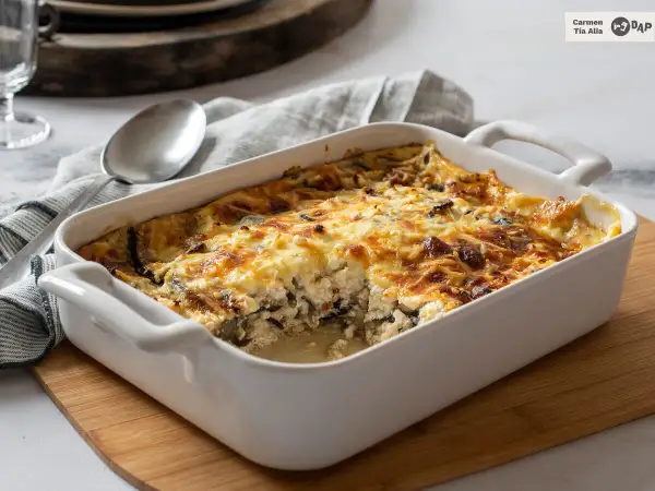 Pastel de berenjenas gratinado en una fuente blanca, listo para servir.