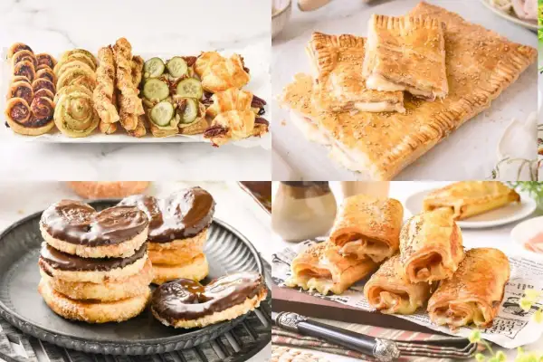 Variedad de recetas con hojaldre: palmeritas de chocolate, rollitos salados, bocaditos dulces y salados con queso y jamón.