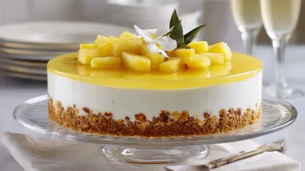 Deliciosa tarta de piña con trozos de fruta fresca y una capa de gelatina amarilla brillante, sobre una base crujiente.