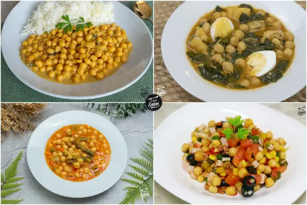 Cuatro platos deliciosos: garbanzos con curry y arroz, potaje de garbanzos con espinacas y huevo, guiso de garbanzos con verduras y ensalada de garbanzos. ¡Ideas para recetas con garbanzos de bote!