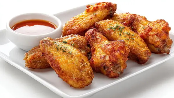 Deliciosas alitas de pollo al horno, doradas y crujientes, servidas con una salsa picante.