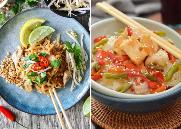 Dos platos de fideos de arroz: uno estilo Pad Thai con pollo, brotes y cacahuetes; otro con pollo, pimientos y judías verdes.